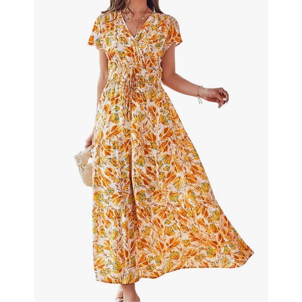 Kilig Amazon yellow floral smocked midi dress small